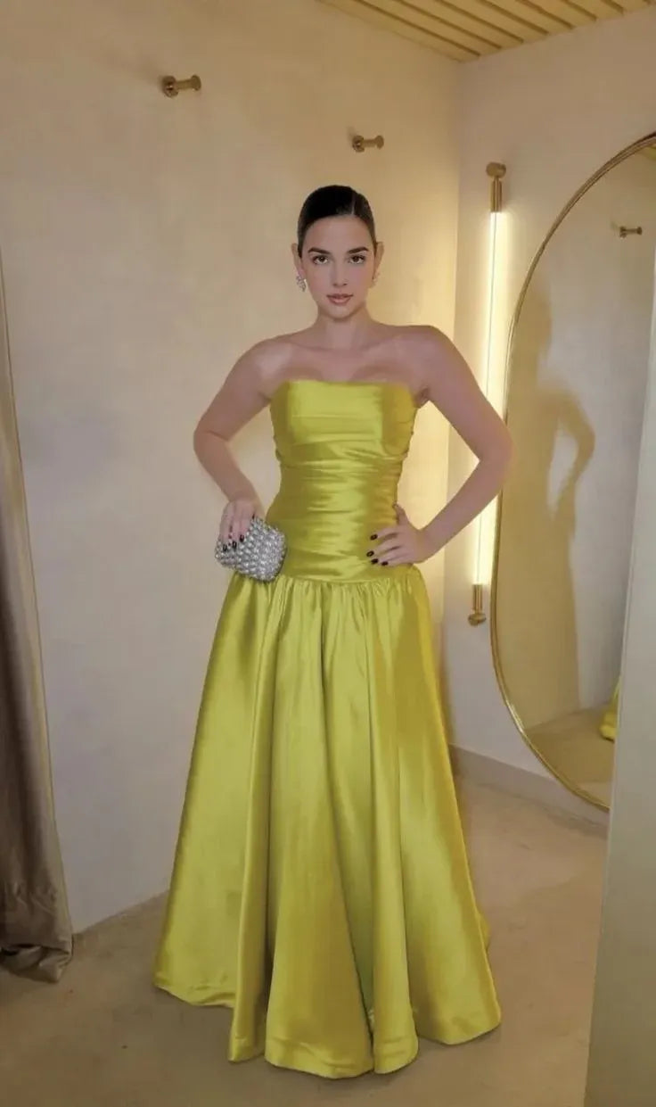 Fashion Strapless Sleeveless A Line Pleated Satin Floor-Length Party Dress