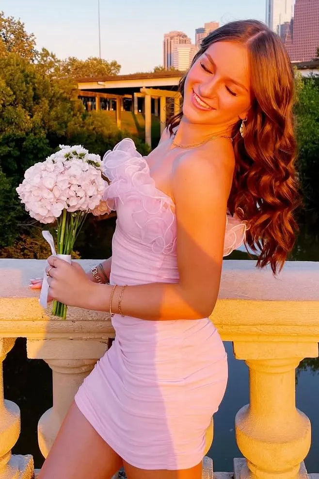 Fashion Strapless Sleeveless Tight Ruffles Satin Short/Mini Homecoming Dress