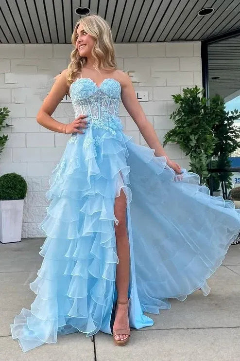 Fashion Sweetheart Sleeveless Empire A-Line Chiffon Appliques Tiered Long Prom Dress