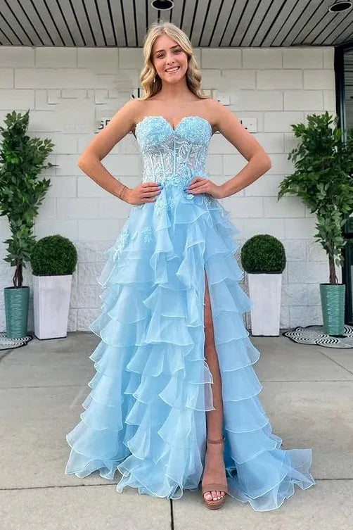 Fashion Sweetheart Sleeveless Empire A-Line Chiffon Appliques Tiered Long Prom Dress