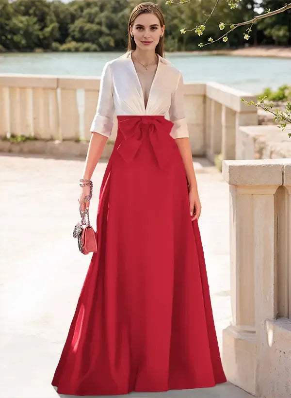 Fashion V-Neck 1/2 Sleeves A-Line Bow Satin Floor-Length Evening Dress