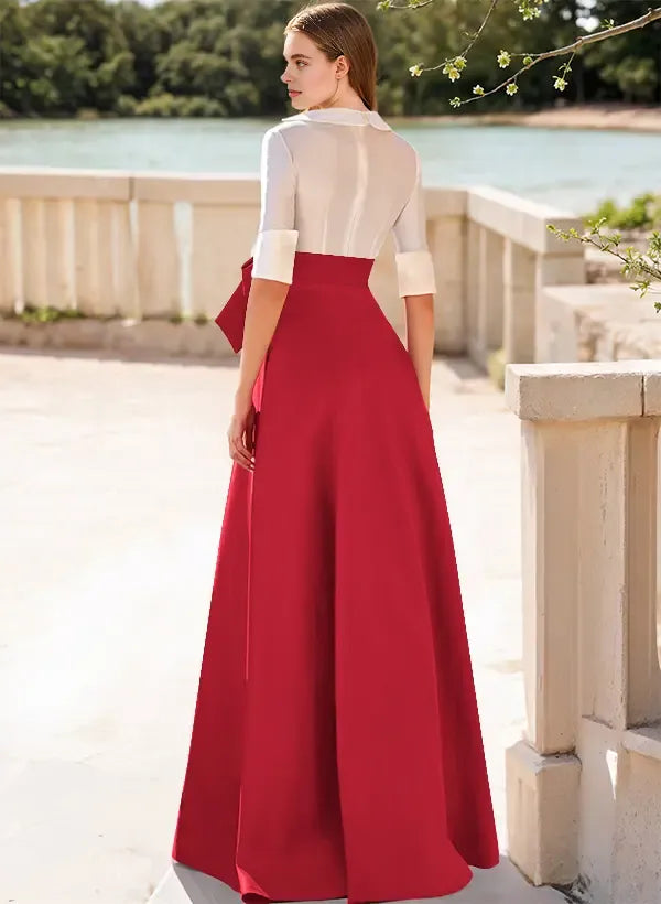 Fashion V-Neck 1/2 Sleeves A-Line Bow Satin Floor-Length Evening Dress