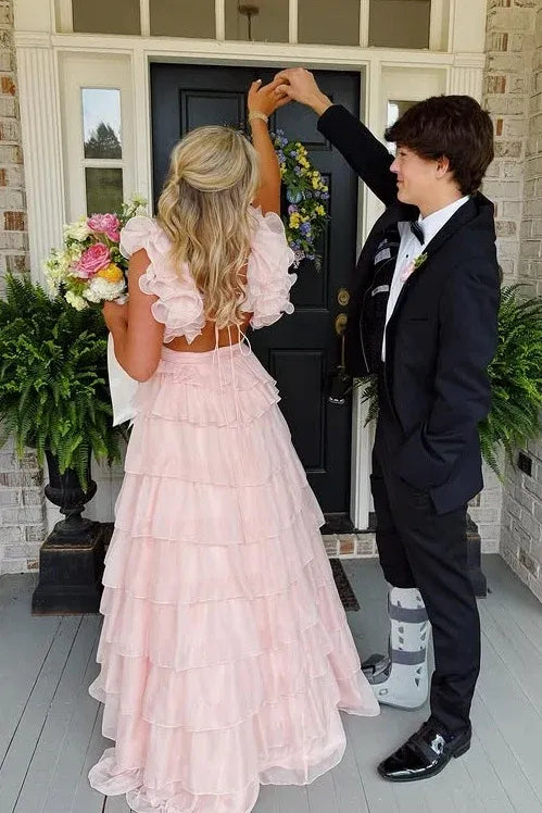 Fashion V Neck Sleeveless A-Line Empire Chiffon Tiered Ruffled Long Prom Dress