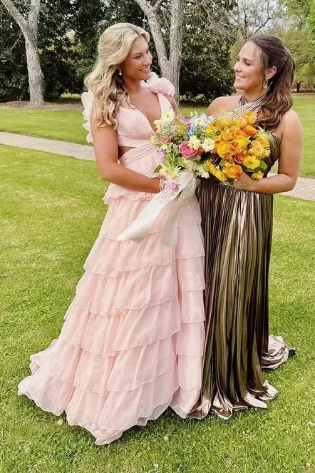Fashion V Neck Sleeveless A-Line Empire Chiffon Tiered Ruffled Long Prom Dress