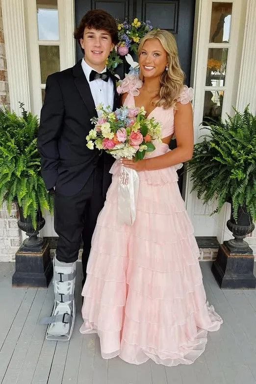 Fashion V Neck Sleeveless A-Line Empire Chiffon Tiered Ruffled Long Prom Dress