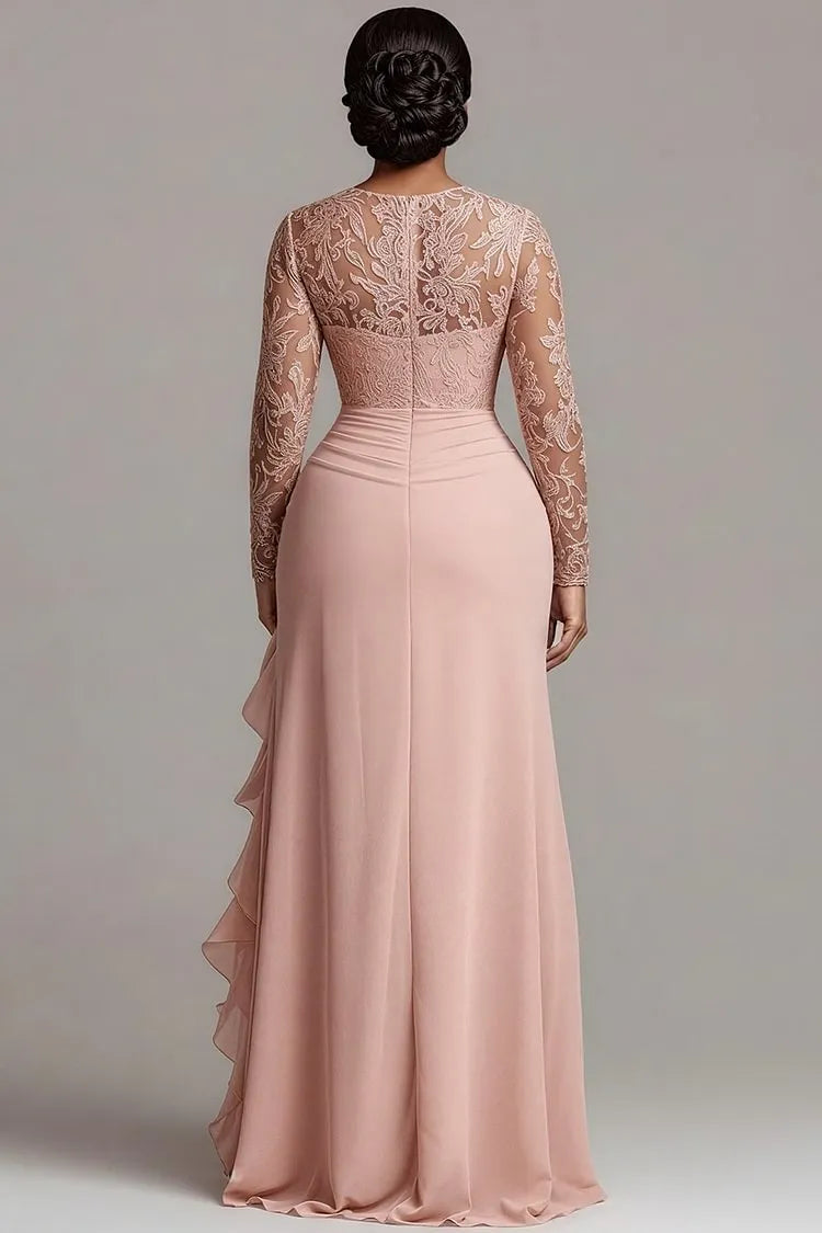 Fashion Mermaid Round Neck Long Sleeve Split Chiffon Blush Pink Floor Length Prom Dress