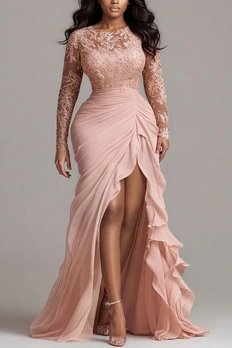 Fashion Mermaid Round Neck Long Sleeve Split Chiffon Blush Pink Floor Length Prom Dress