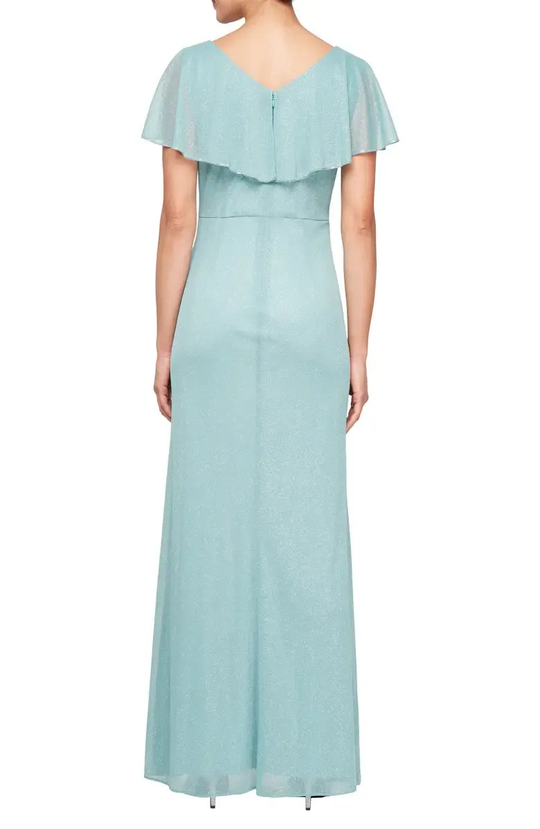 Fashion Mermaid V Neck Capelet Sleeve V Back Floor-Length Mother of the Bride Dress