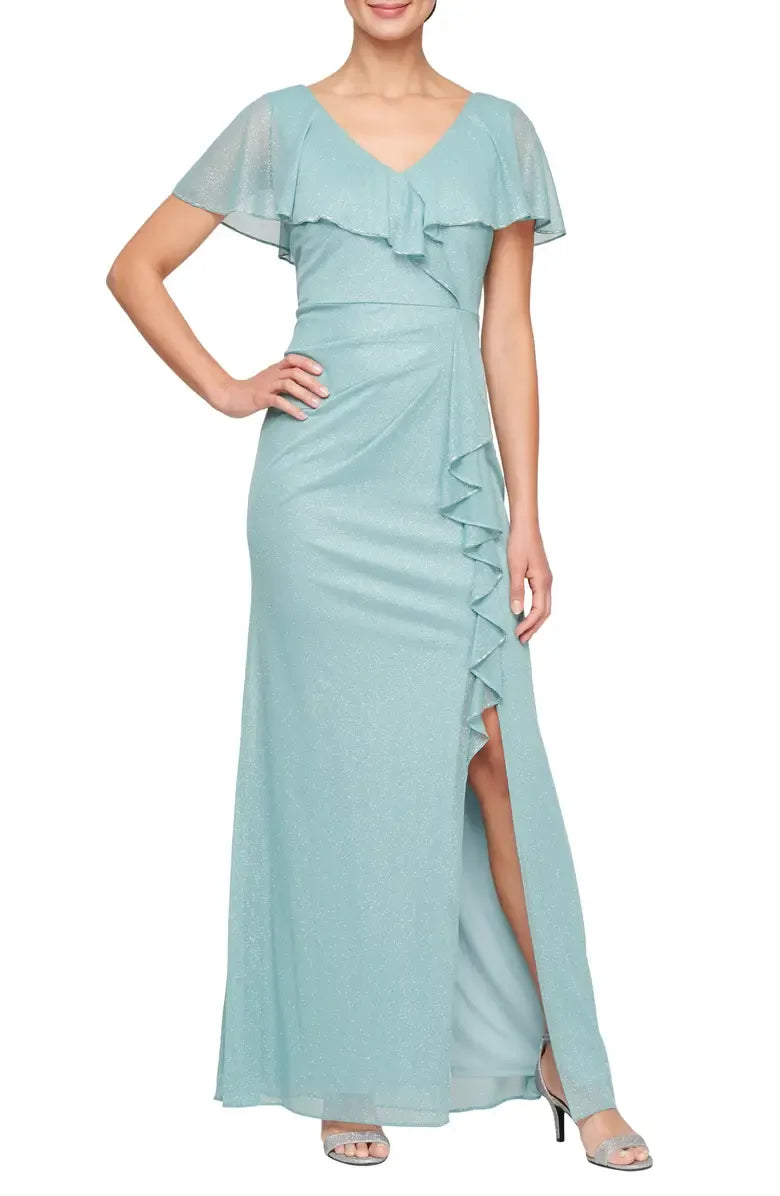 Fashion Mermaid V Neck Capelet Sleeve V Back Floor-Length Mother of the Bride Dress