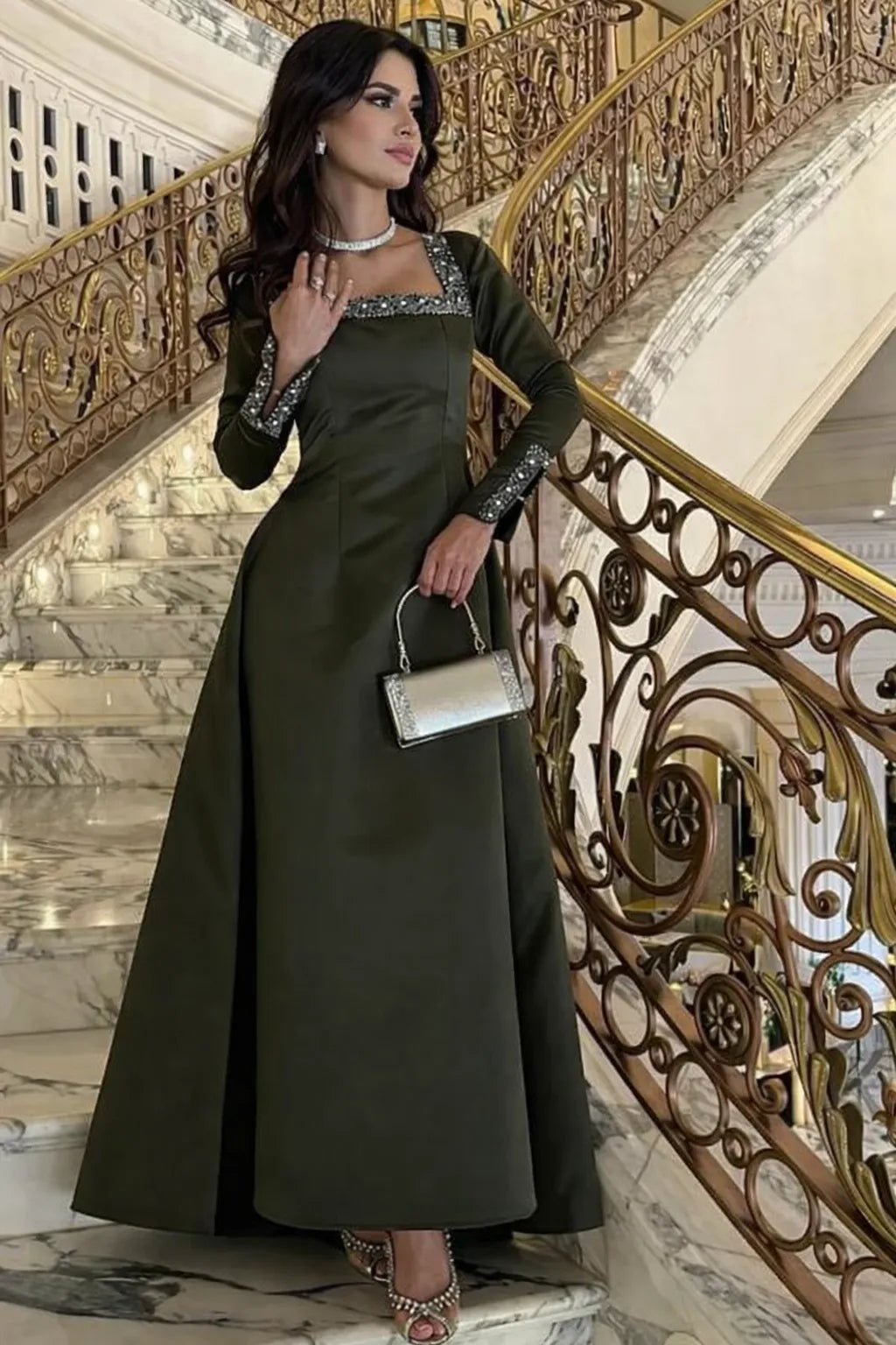 Fashion Square Neck Long Sleeves A-Line Pleated Satin Floor-Length Evening Dress