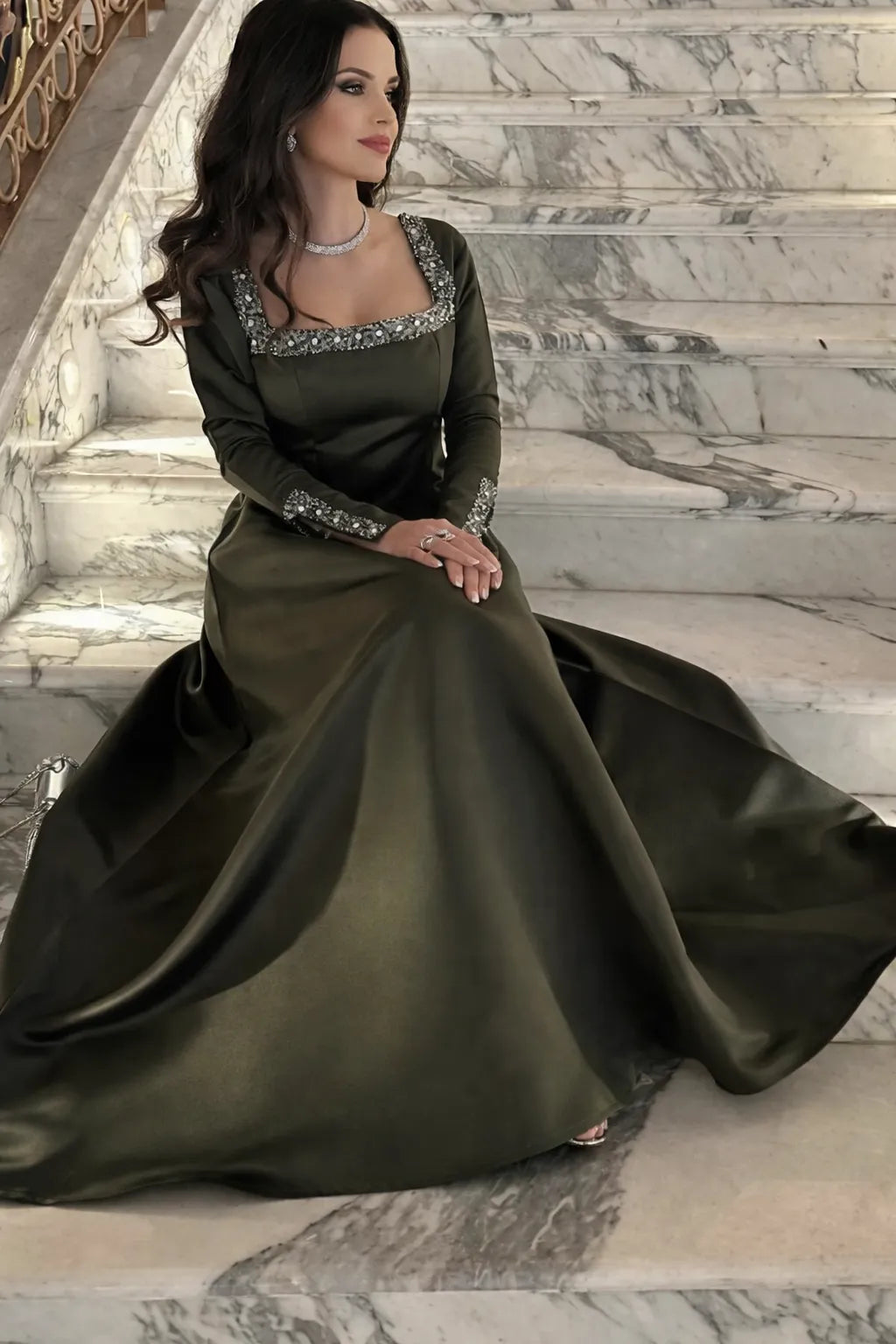 Fashion Square Neck Long Sleeves A-Line Pleated Satin Floor-Length Evening Dress