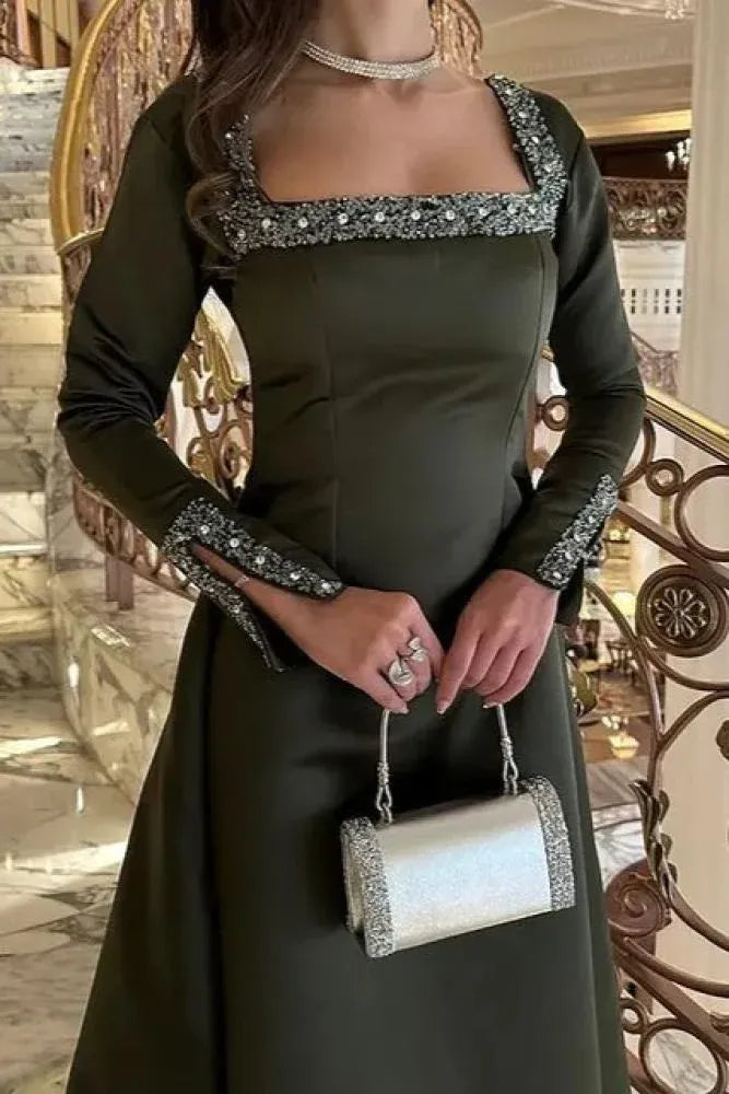 Fashion Square Neck Long Sleeves A-Line Pleated Satin Floor-Length Evening Dress