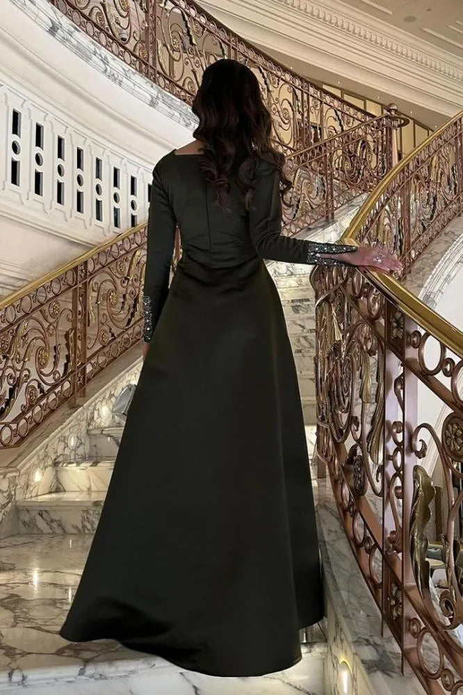Fashion Square Neck Long Sleeves A-Line Pleated Satin Floor-Length Evening Dress