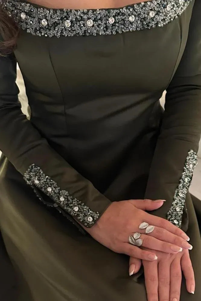 Fashion Square Neck Long Sleeves A-Line Pleated Satin Floor-Length Evening Dress