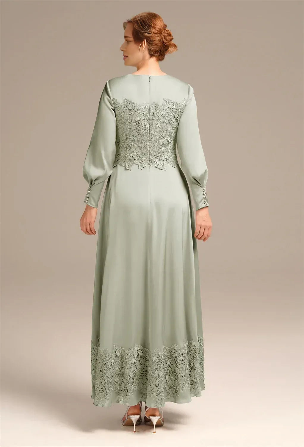 Fashionable A-line Bateau Neck Long Sleeves Pleated Satin Ankle Length Mother of the Bride Dress