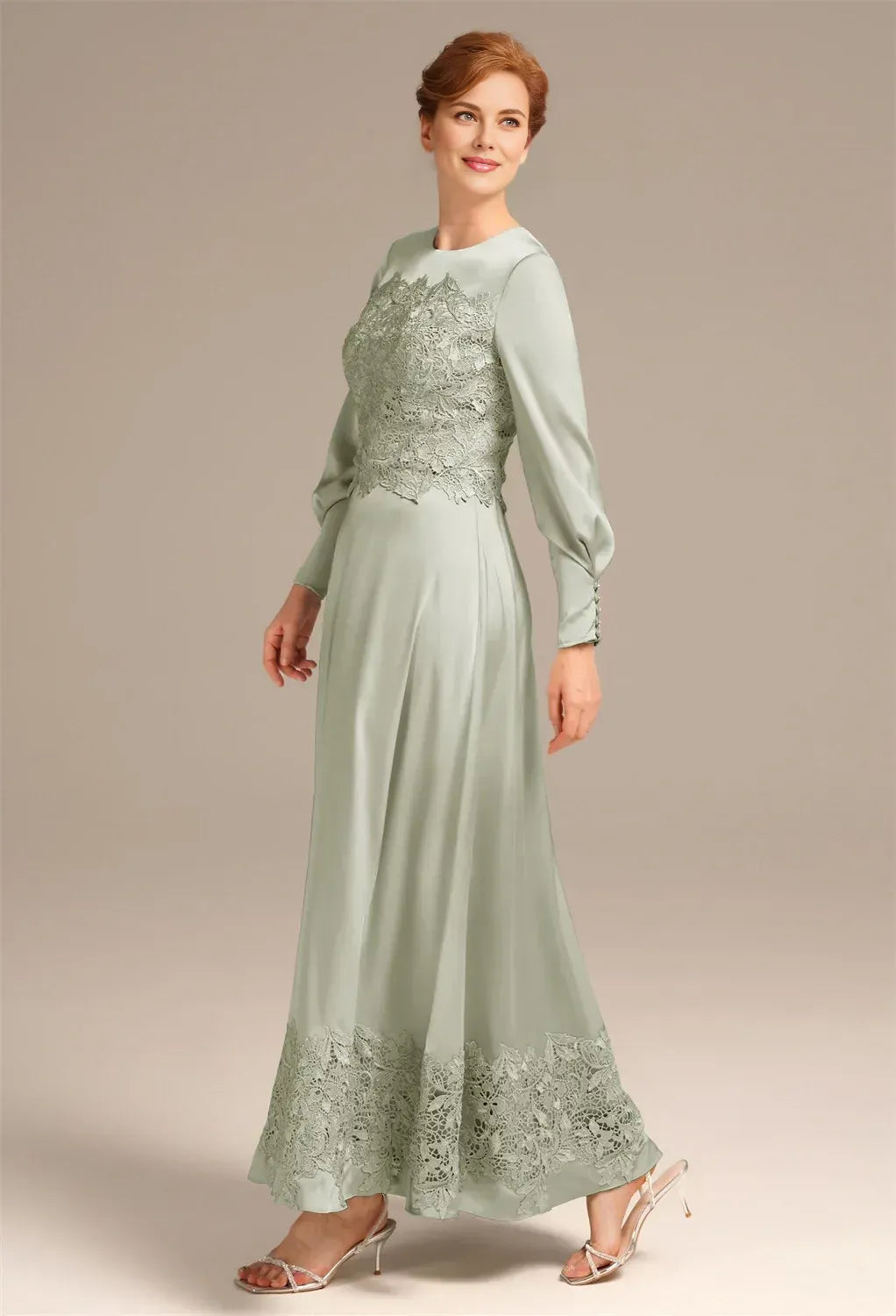 Fashionable A-line Bateau Neck Long Sleeves Pleated Satin Ankle Length Mother of the Bride Dress