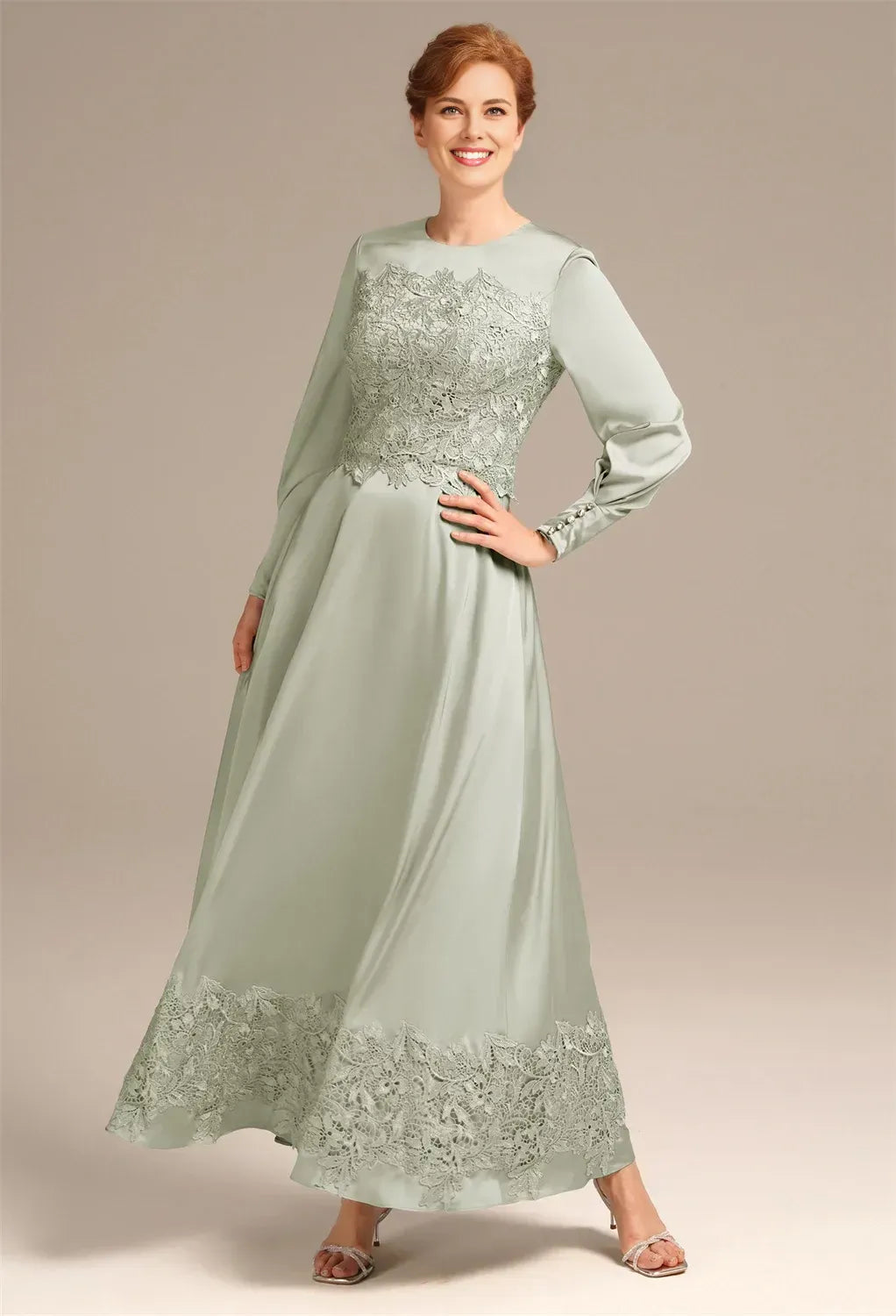 Fashionable A-line Bateau Neck Long Sleeves Pleated Satin Ankle Length Mother of the Bride Dress