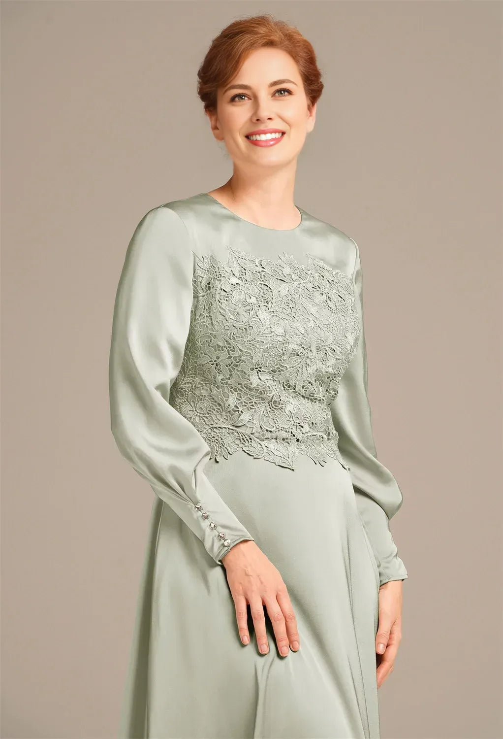 Fashionable A-line Bateau Neck Long Sleeves Pleated Satin Ankle Length Mother of the Bride Dress