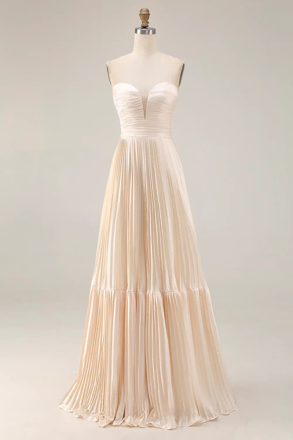 Fashionable A Line Strapless Sleeveless Satin Pleated Floor-Length Prom Dress