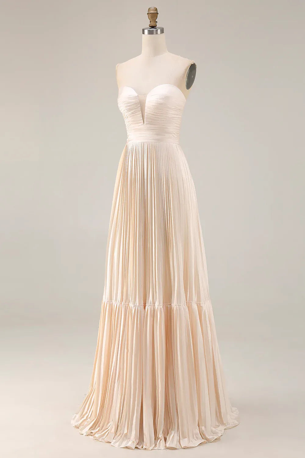 Fashionable A Line Strapless Sleeveless Satin Pleated Floor-Length Prom Dress