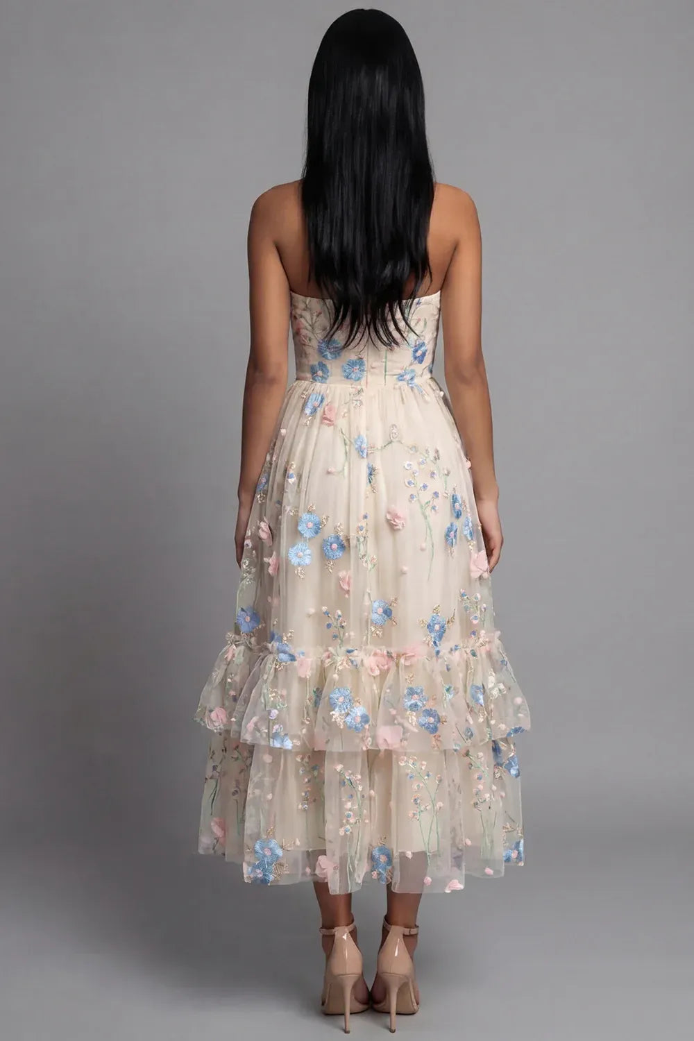 Feminine A-Line Strapless Sleeveless 3D Floral Tulle Midi Cocktail Dress