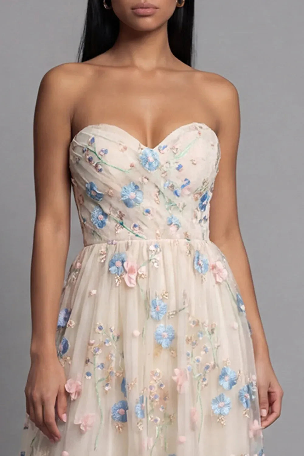 Feminine A-Line Strapless Sleeveless 3D Floral Tulle Midi Cocktail Dress