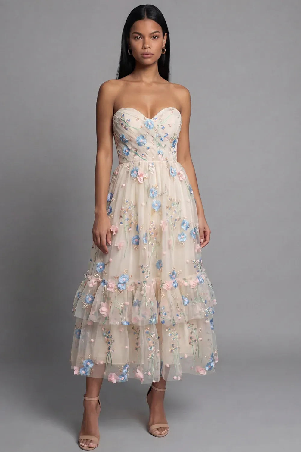 Feminine A-Line Strapless Sleeveless 3D Floral Tulle Midi Cocktail Dress