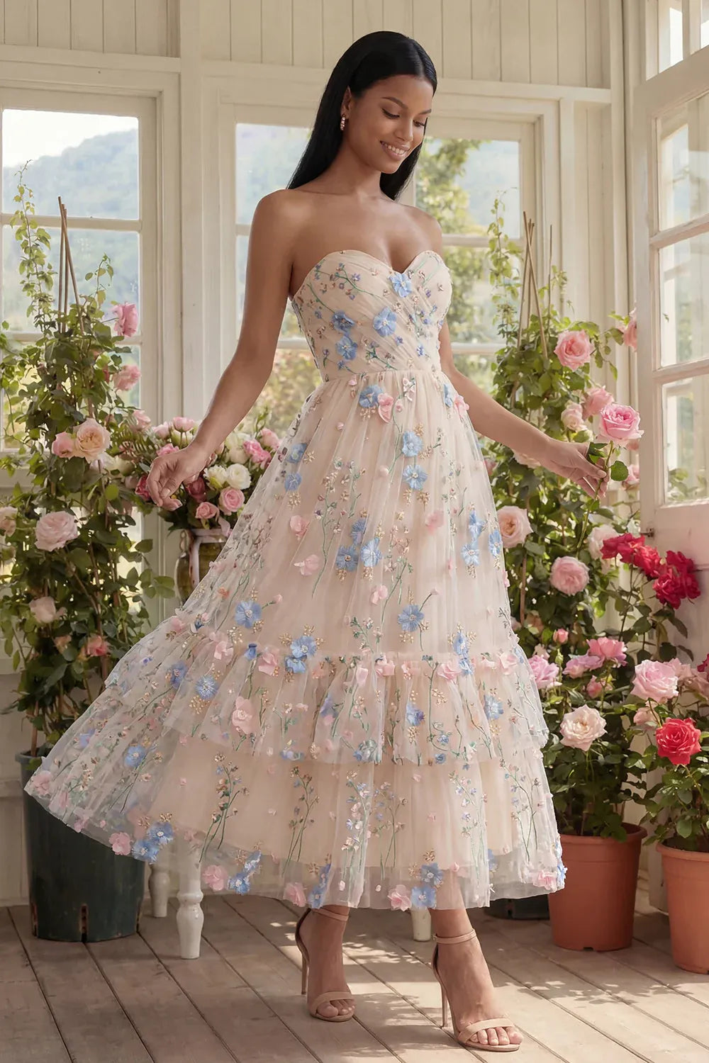Feminine A-Line Strapless Sleeveless 3D Floral Tulle Midi Cocktail Dress