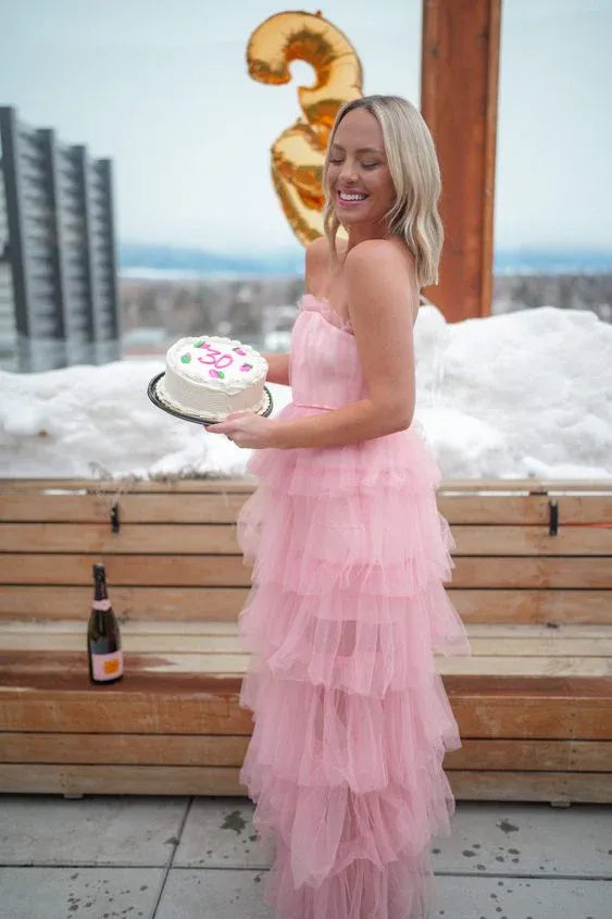 Feminine A-Line Strapless Sleeveless Tulle Maxi Party Dress