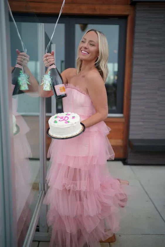 Feminine A-Line Strapless Sleeveless Tulle Maxi Party Dress