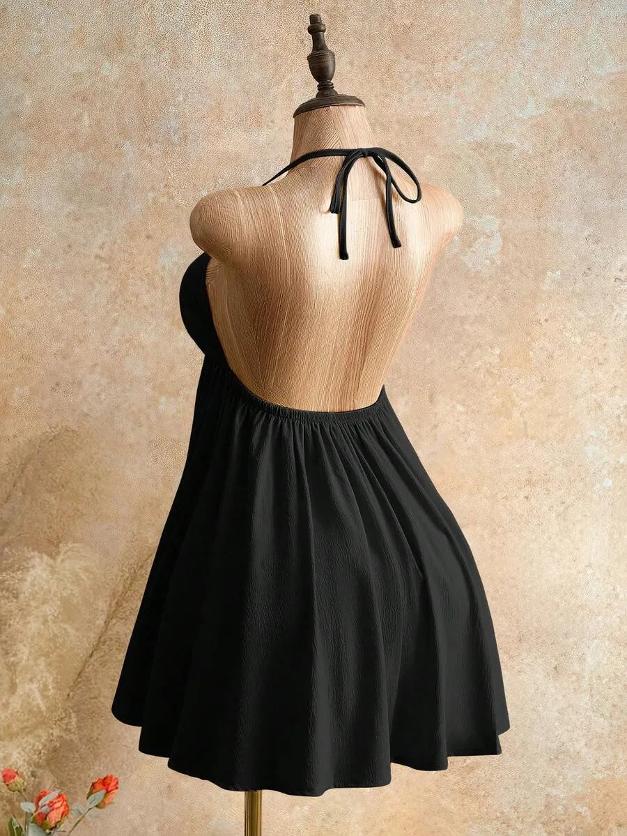 Flared A-line Halter Neck Spaghetti Strap Tie Black Mini Summer Homecoming Dress