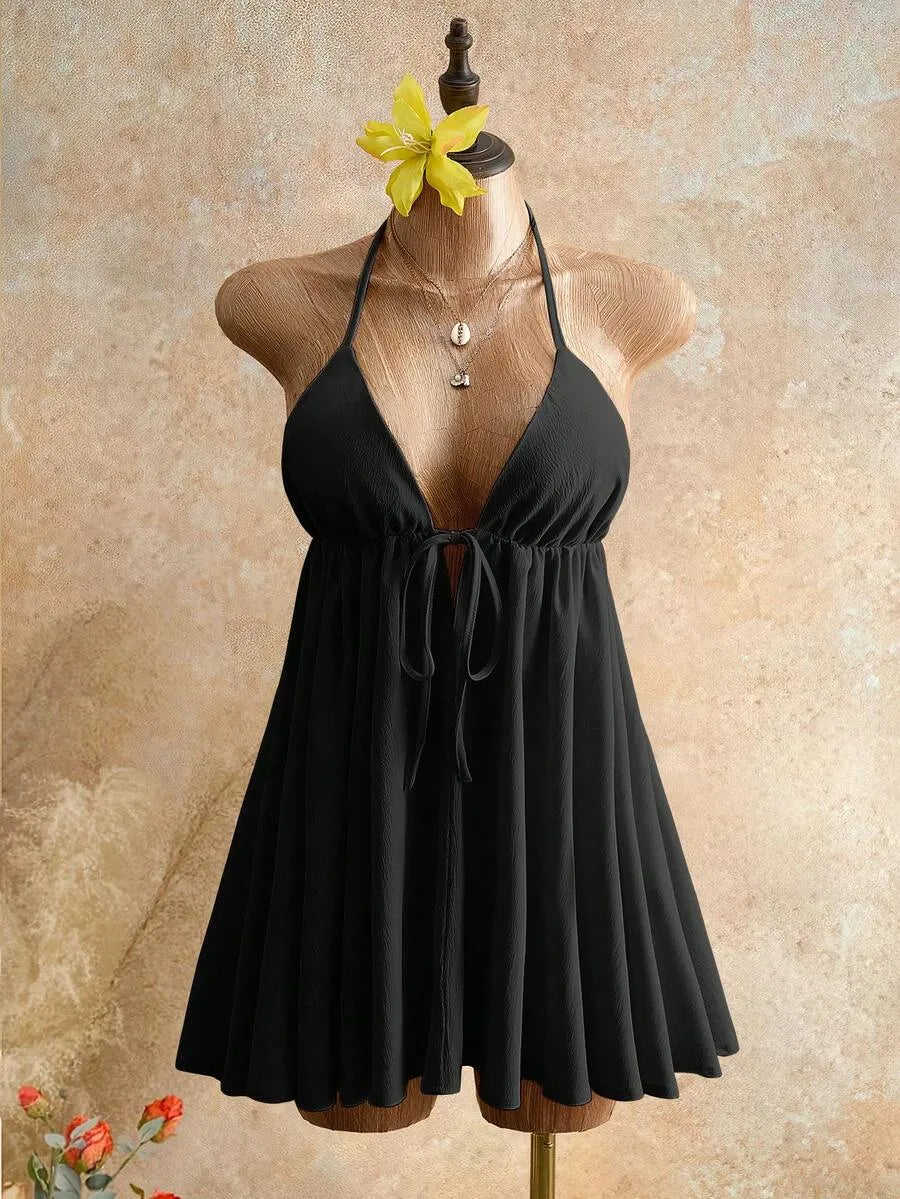 Flared A-line Halter Neck Spaghetti Strap Tie Black Mini Summer Homecoming Dress