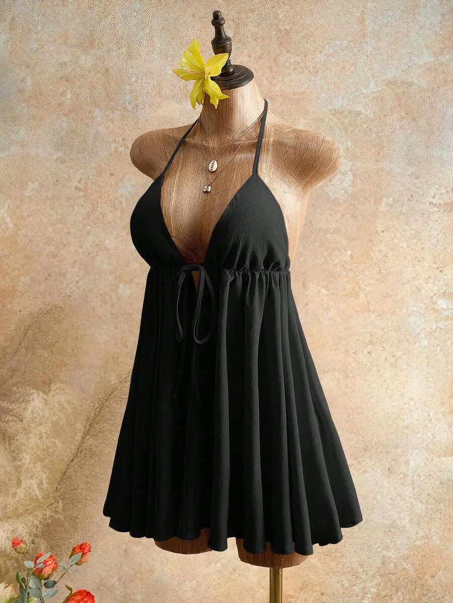 Flared A-line Halter Neck Spaghetti Strap Tie Black Mini Summer Homecoming Dress