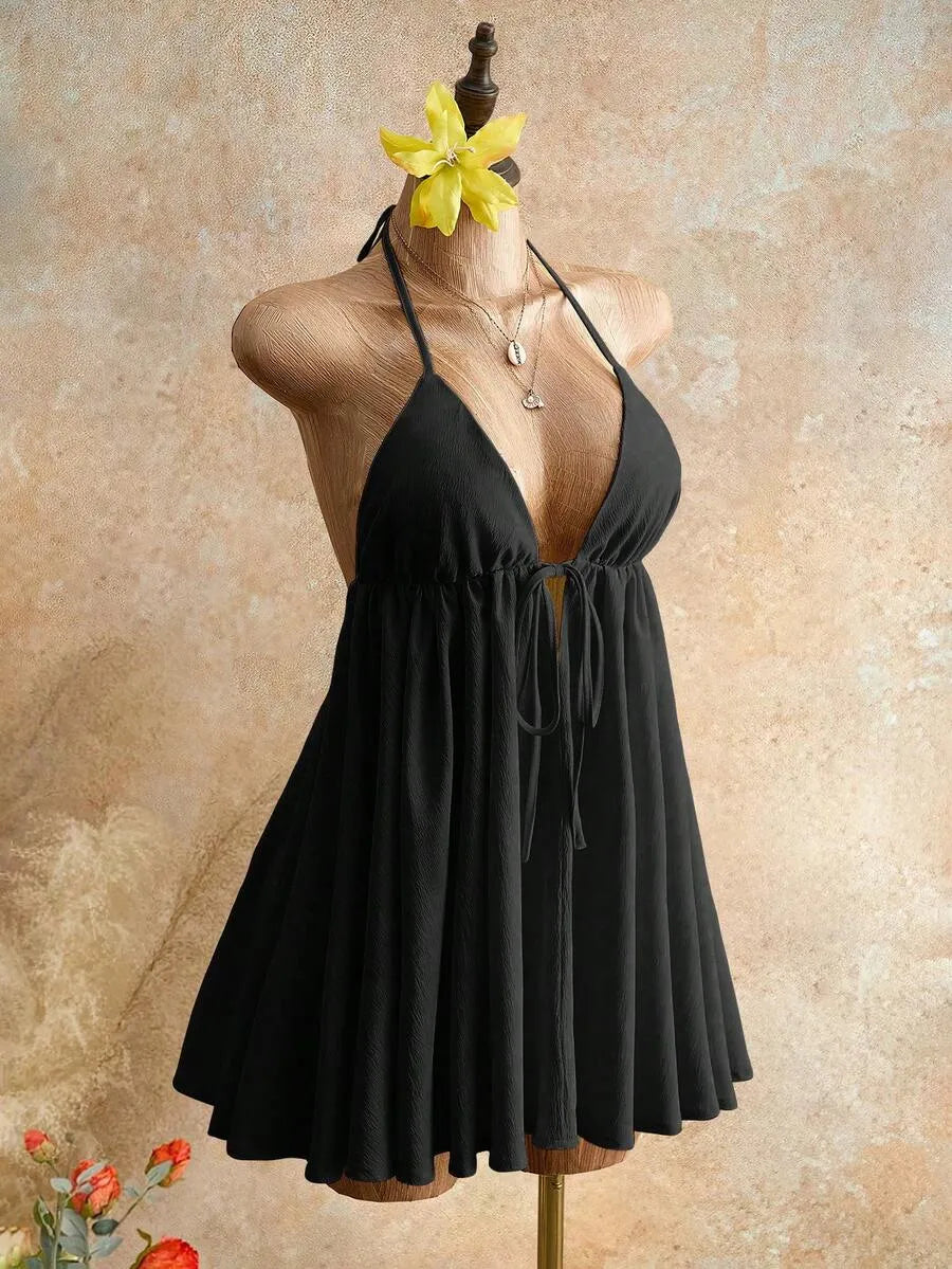 Flared A-line Halter Neck Spaghetti Strap Tie Black Mini Summer Homecoming Dress