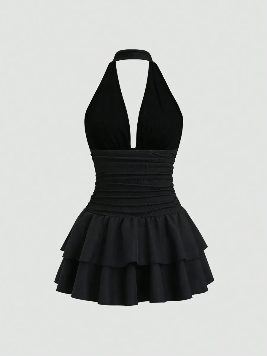 Flared Halter V-neck Ruched Tiered Ruffle Open Back Black Mini Homecoming Dress