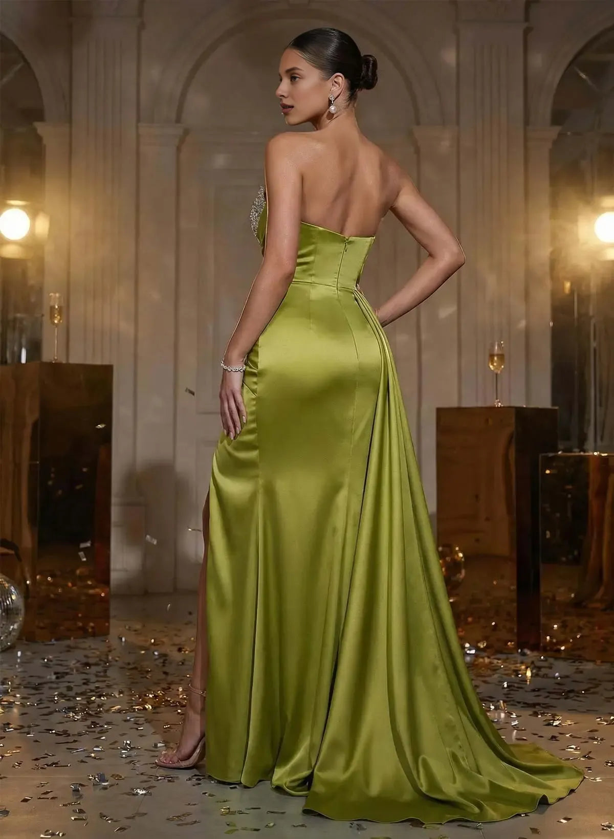 Flattering Sheath/Column Off-The-Shoulder Sleeveless Split Satin Floor-Length Prom Dress