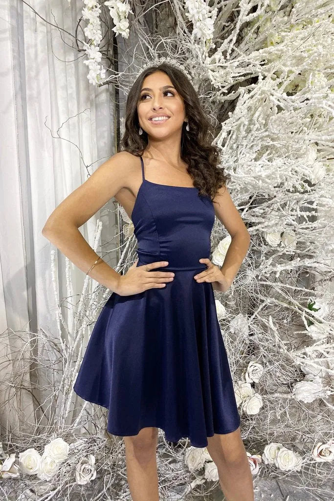 Flirty A-Line Spaghetti Strap Sleeveless Satin Mini Homecoming Dress