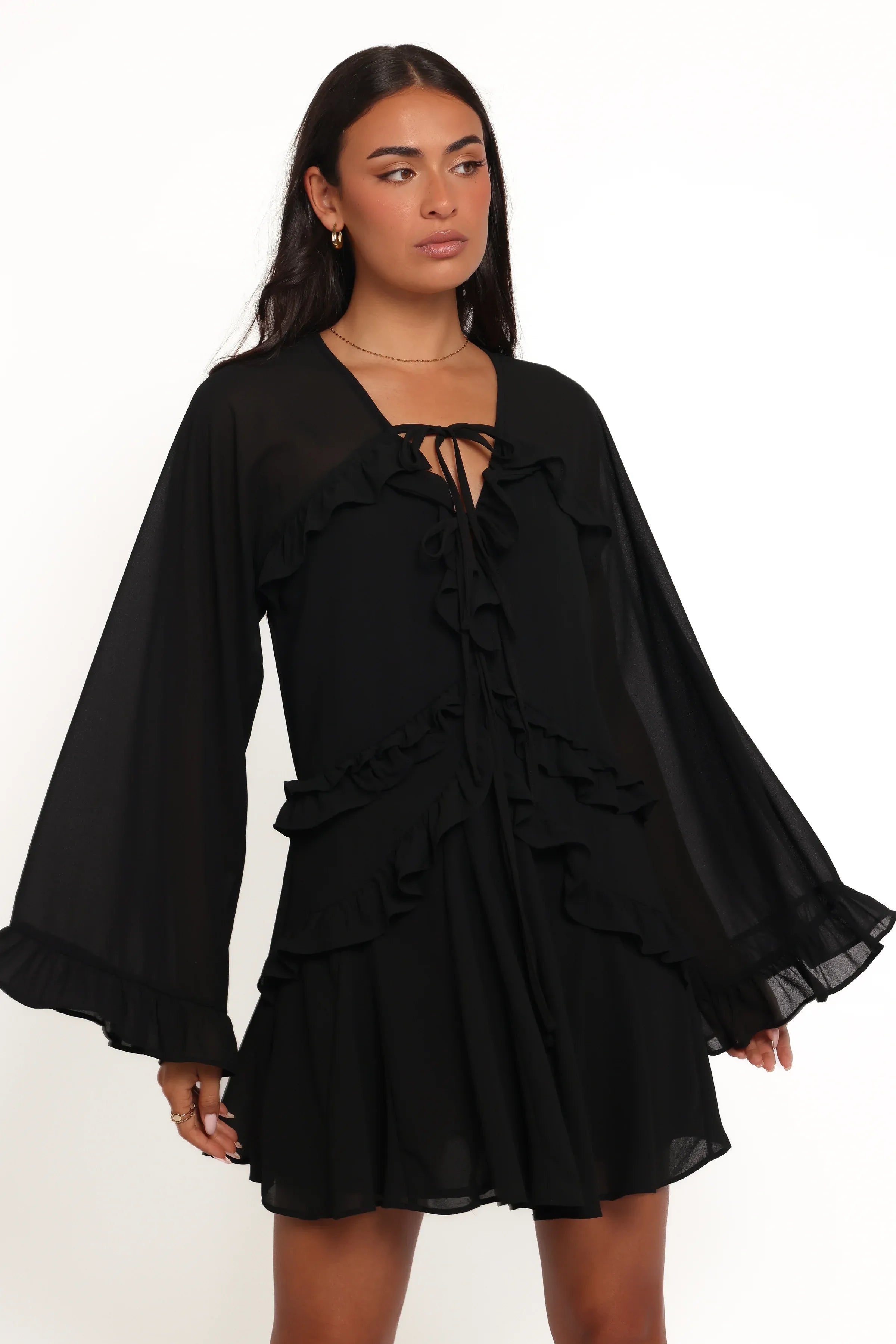 Flirty A-Line Tie-V Neck Long Sleeve Ruffle Bell Black Mini Homecoming Dress