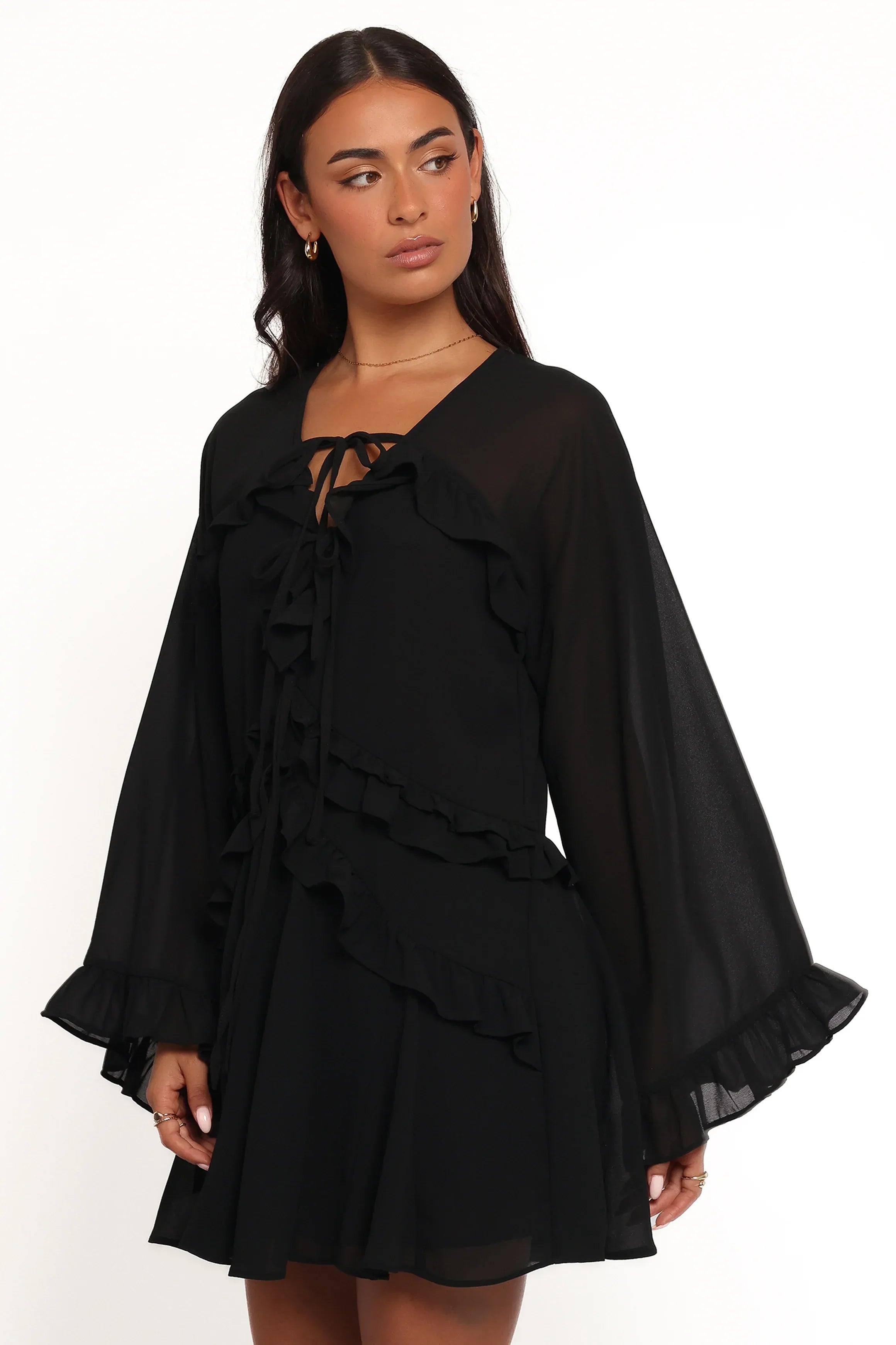 Flirty A-Line Tie-V Neck Long Sleeve Ruffle Bell Black Mini Homecoming Dress