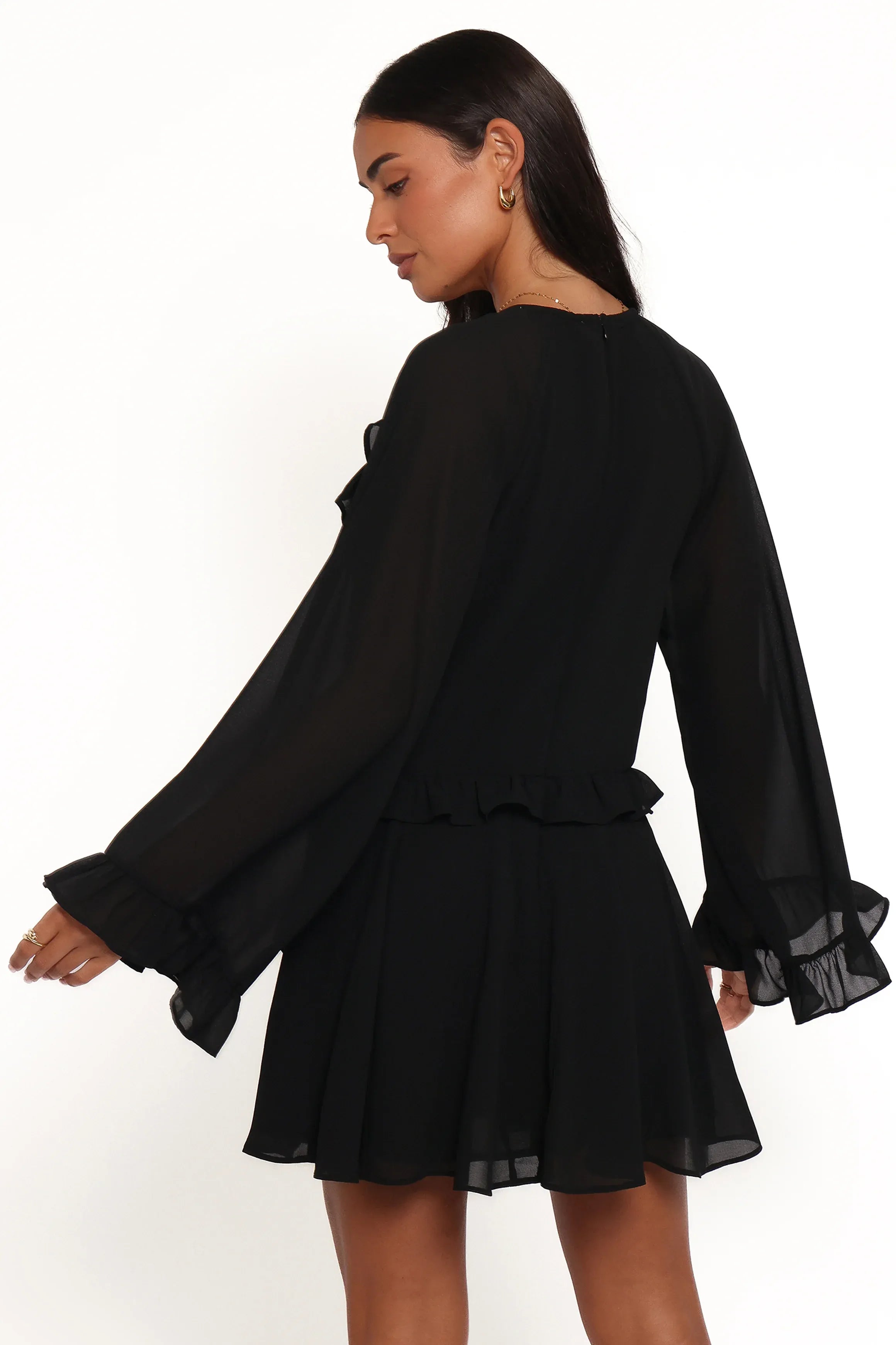 Flirty A-Line Tie-V Neck Long Sleeve Ruffle Bell Black Mini Homecoming Dress