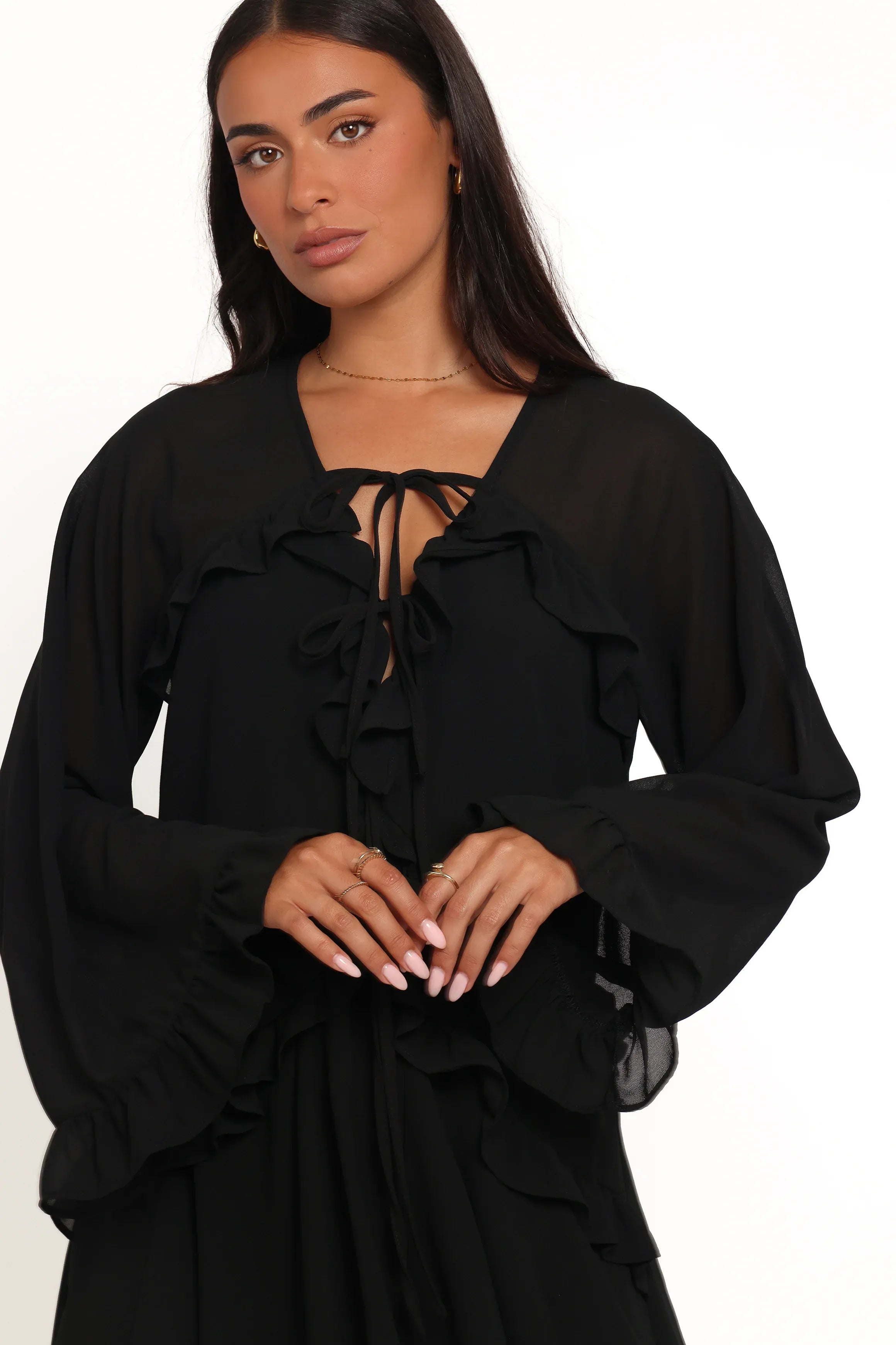 Flirty A-Line Tie-V Neck Long Sleeve Ruffle Bell Black Mini Homecoming Dress