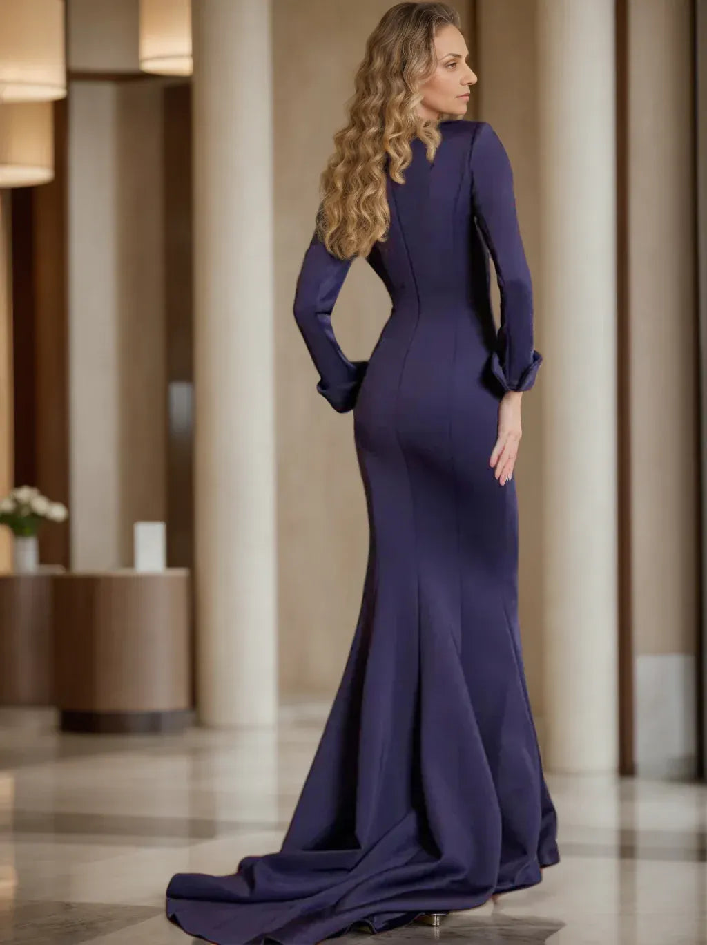 Formal Women's Dresses Sheath/Column V-Neck Long Sleeves Floor-Length Mother of the Bride Dresses With Pleats Prom Dresses Stores