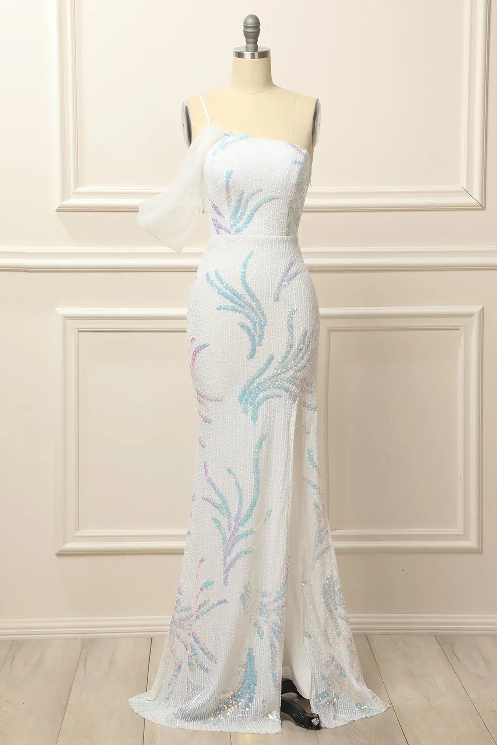 Floor Length Sequins One Shoulder Mermaid Prom Dress With Slit