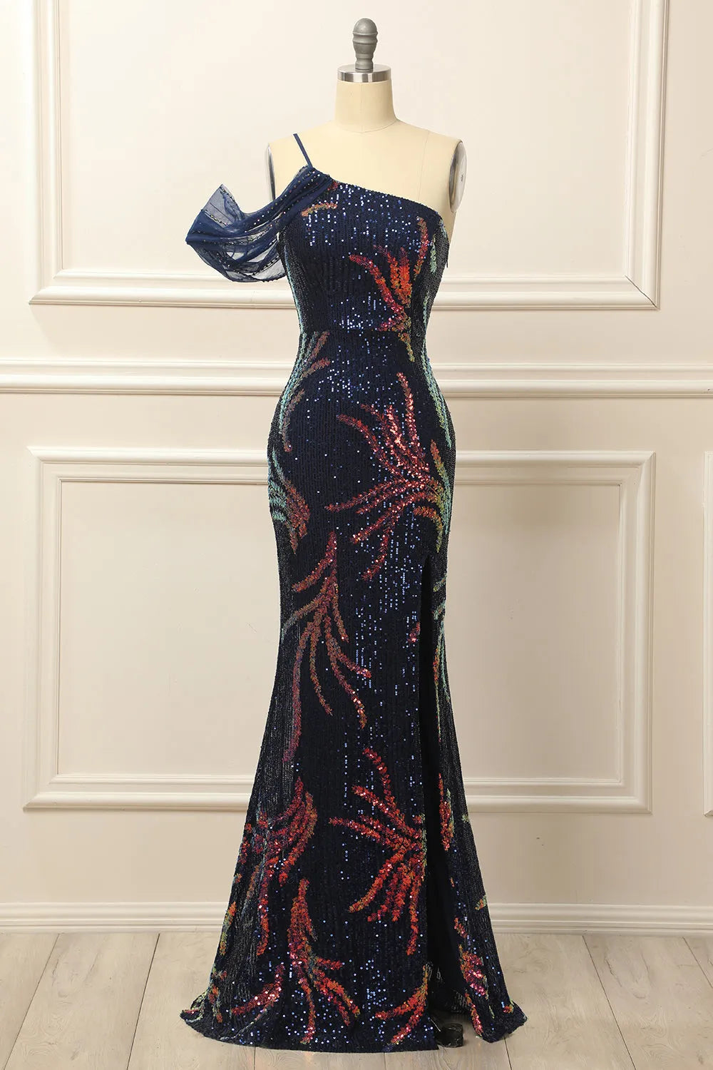 Robe de bal sirène asymétrique à paillettes et fente 