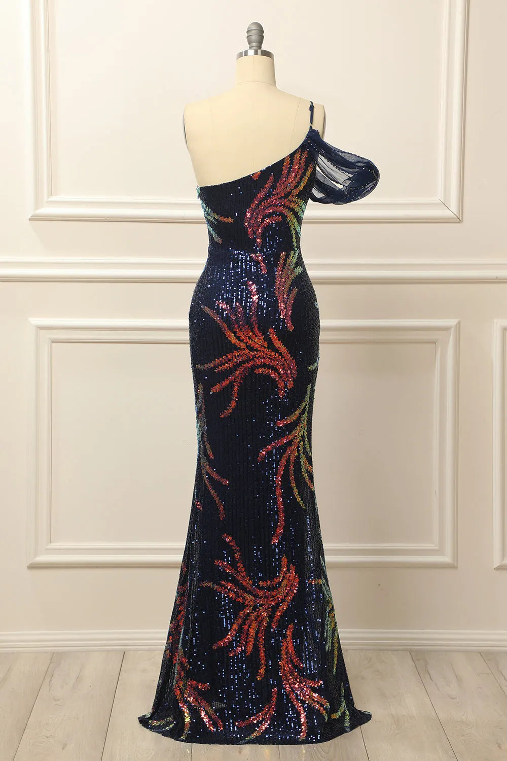 Robe de bal sirène asymétrique à paillettes et fente 