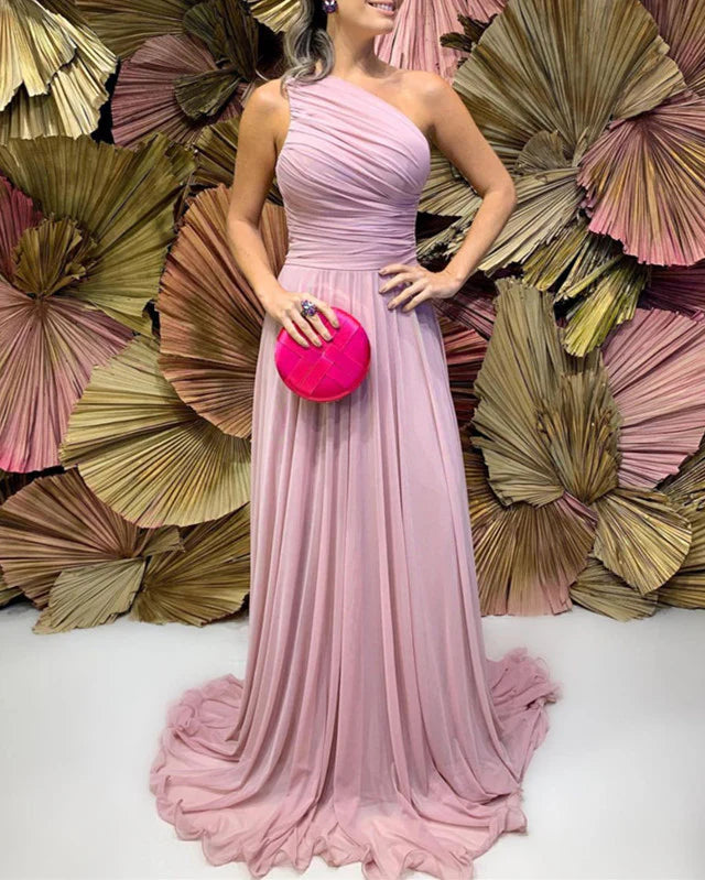 Floor Length Pleated Chiffon One Shoulder Bridesmaid Prom Dresses