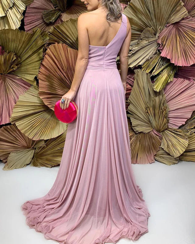 Floor Length Pleated Chiffon One Shoulder Bridesmaid Prom Dresses