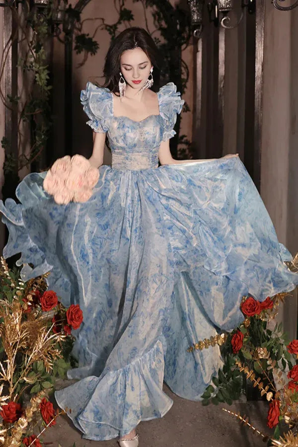 Prom Dresses Stores Pretty Light Blue Floral Short Sleeves Long Prom Dress Light Blue Evening Dress Formal Women's Dresses