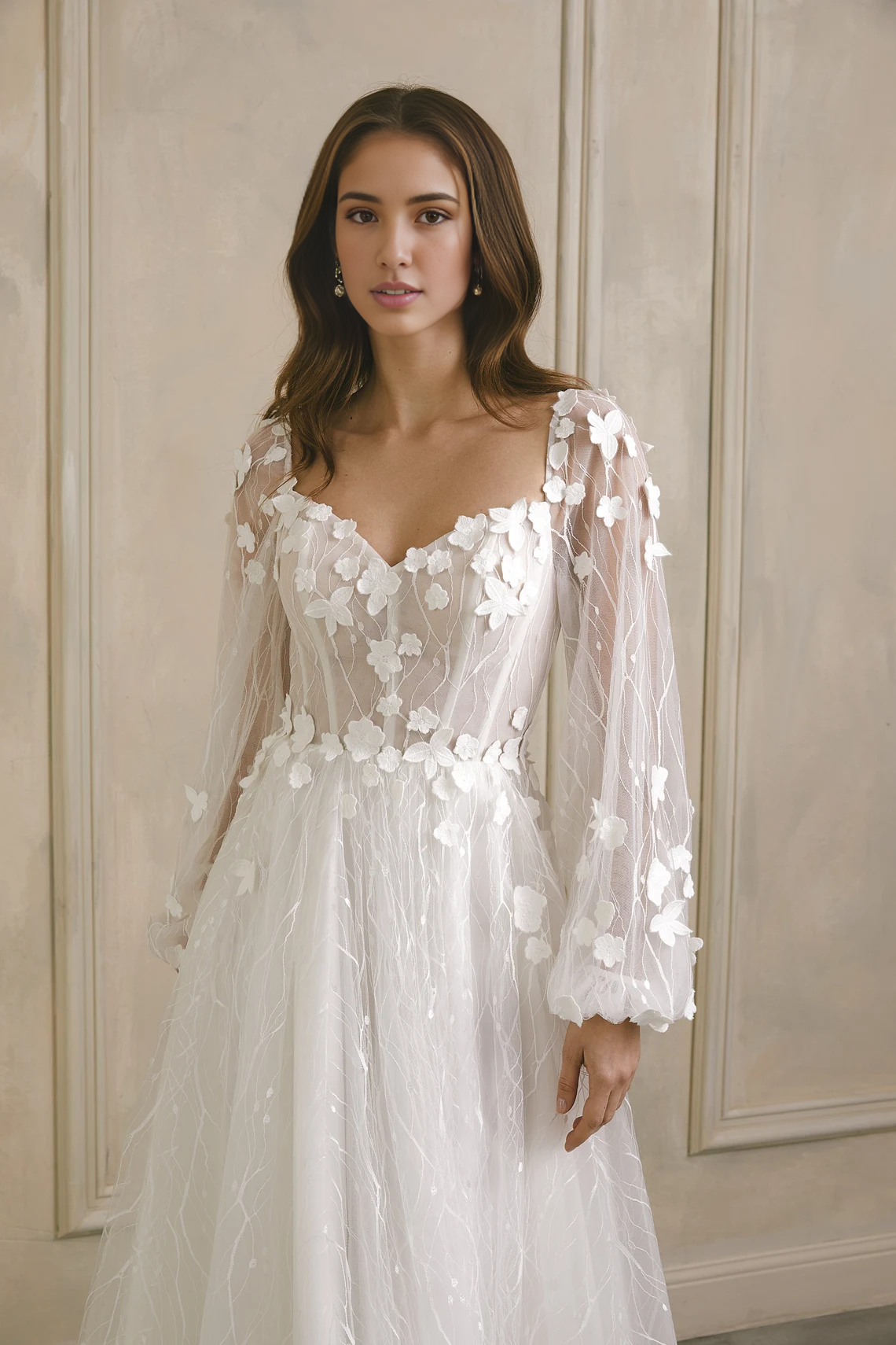Floral Wedding Dress Long Sleeve Sweetheart Neck Romantic Tulle Wedding Dress For Bride A Line Wedding Gown Floor Length