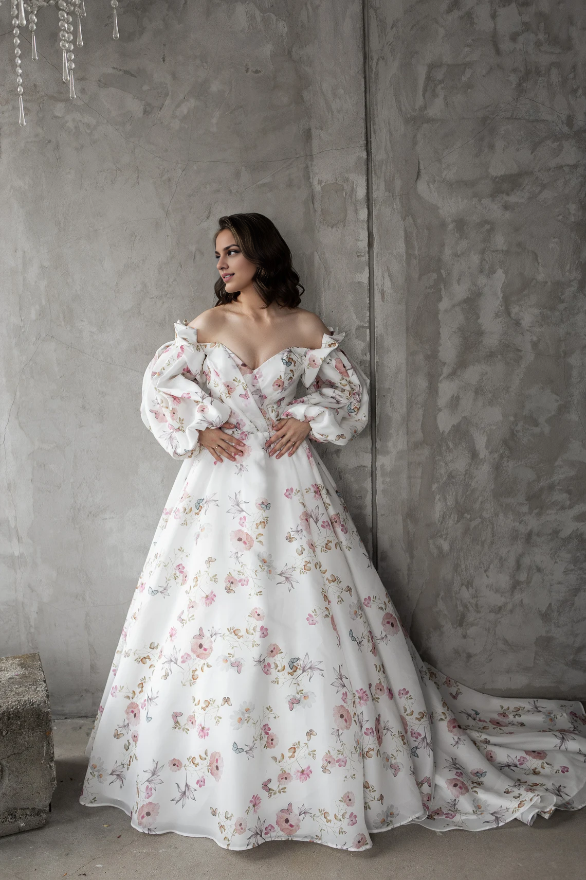 Floral Wedding Dress Princess' Dress Bride Dress Wedding Dress Long Train Off-the-shoulder Long Sleeves